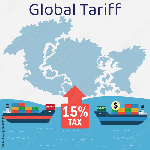 Global Tariff and International Trade Tax Illustration with Cargo Ships.eps