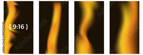 Gold warm waves social media backgrounds set. Golden light line on dark brown or black gradient templates. Blur overlay abstract leak yellow noise gradation. Vector warm gradient background.