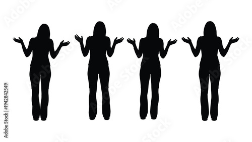 Four silhouettes of women with arms outstretched in a questioning pose