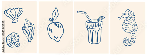 Doodle summer and beach vector illustration set. Hand drawn Italian amalfi sicily style vacation elements lemon, cocktail, shell, seahorse. Chalk tropical coastal collection for poster, placard, print