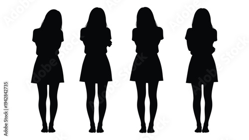 Four identical silhouette figures of young women standing in a row