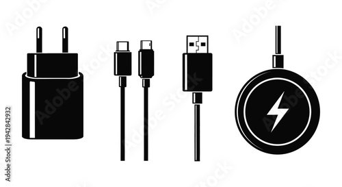Black and white illustration of various phone and device charging connectors and adapters