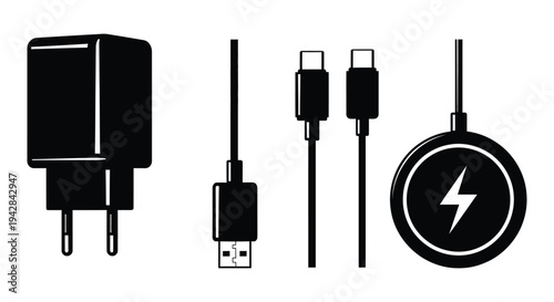 Black and white illustration of various phone and device charging adapters and connectors