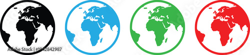 Colorful World Map Globe Icon Set Vector Illustration – Global Earth Map Symbol Collection in Black Blue Green Red Circle Design