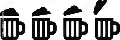 Beer Mug Icon Set Vector – Beer Glass with Foam Silhouette Collection, Brewery Drink Symbol