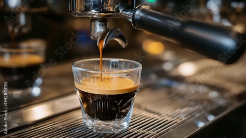 Side view of espresso machine spout pouring dark coffee into glass cup, crema layer forming, cafe ambiance with professional barista equipment, specialty coffee brewing