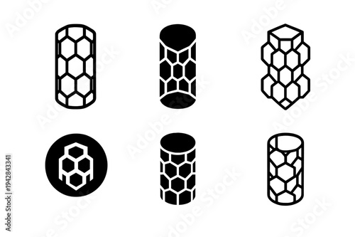 Nanotechnology Logo Variations. Nanotechnology. Icon set. Set Logo of nanotechnology: carbon nanotube. harmonious logo variations of the same emblematic
