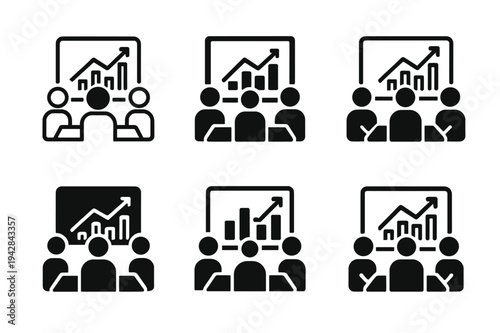 Marketing Strategy Logos. Marketing team discussing campaign strategy. Icon set. Set Logo of Marketing team discussing campaign strategy: KPI dashboard.