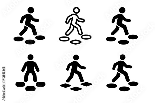 Career Fluidity Icons. Career fluidity. Icon set. Set Logo of career fluidity: person stepping across floating icons. harmonious logo variations of the same
