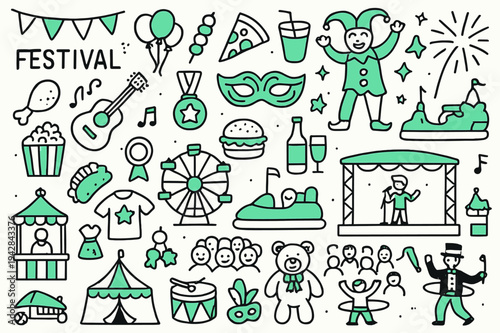Carnival Celebration Doodles. Festival and carnival celebrations. Hand-drawn doodle illustration Festival and carnival celebrations, festival food, colored