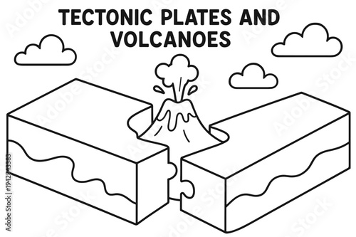 Volcano Coloring Page. Tectonic plates and volcanoes children?s coloring book illustration, outlined drawing, two simple puzzle-piece plates meeting with a