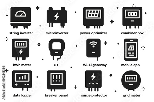 Solar Monitoring Icons. Solar monitoring and power electronics. Solid icons set of Solar monitoring and power electronics: string inverter, microinverter,