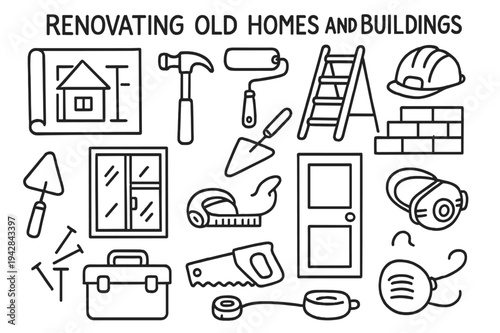 Home Renovation Icons. Renovating old homes and buildings. Hand-drawn doodle illustration renovating old homes and buildings blueprint, hammer, paint roller,