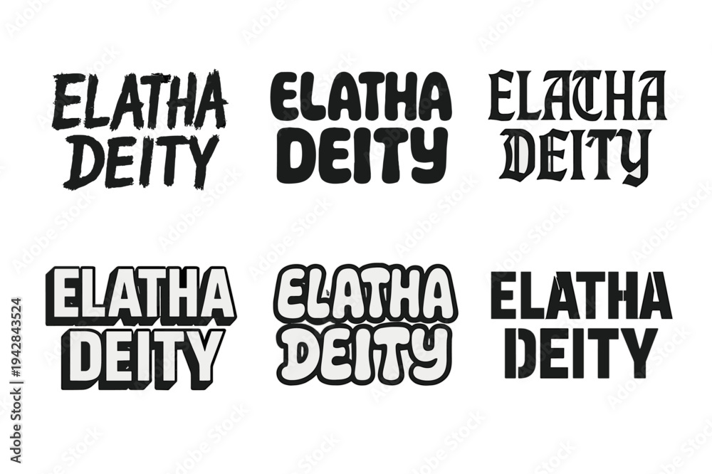 Obraz premium Diverse Lettering Styles. Elatha Deity. Set lettering. harmonious lettering variations of the same emblematic concept, each with different artistic