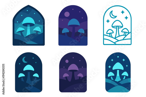 Mystical Landscape Logos. Mystical landscapes. Icon set. Set Logo of mystical landscapes: bioluminescent mushroom valley at twilight. harmonious logo