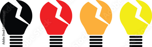 Broken Light Bulb Icon Set Vector Illustration – Creative Idea Failure Symbol in Black, Red, Orange and Yellow Colors