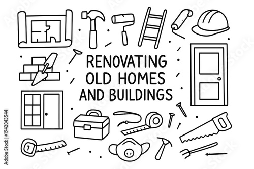 Home Renovation Icons. Renovating old homes and buildings. Hand-drawn doodle illustration renovating old homes and buildings blueprint, hammer, paint roller,