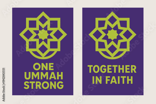 Unity and Faith Banners. Unity & Strength. Two vertical A6 banners with safe margins, centered composition, no elements touching edges, geometric, royal purple