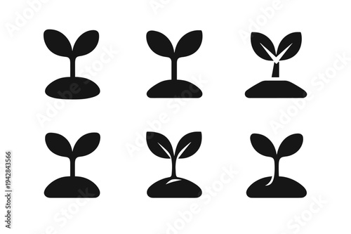 Seedling Logo Variations. Planting seeds. Icon set. Set Logo of Planting seeds: emerging sprout with two cotyledons. harmonious logo variations of the same
