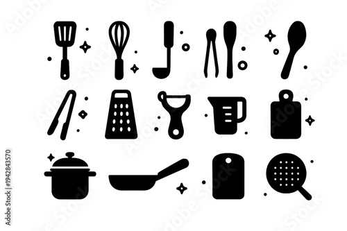 Cooking Utensil Icons. Cooking Utensils. Solid icons set of Cooking Utensils: spatula, whisk, ladle, wooden spoon, tongs, grater, peeler, measuring cup, pot,