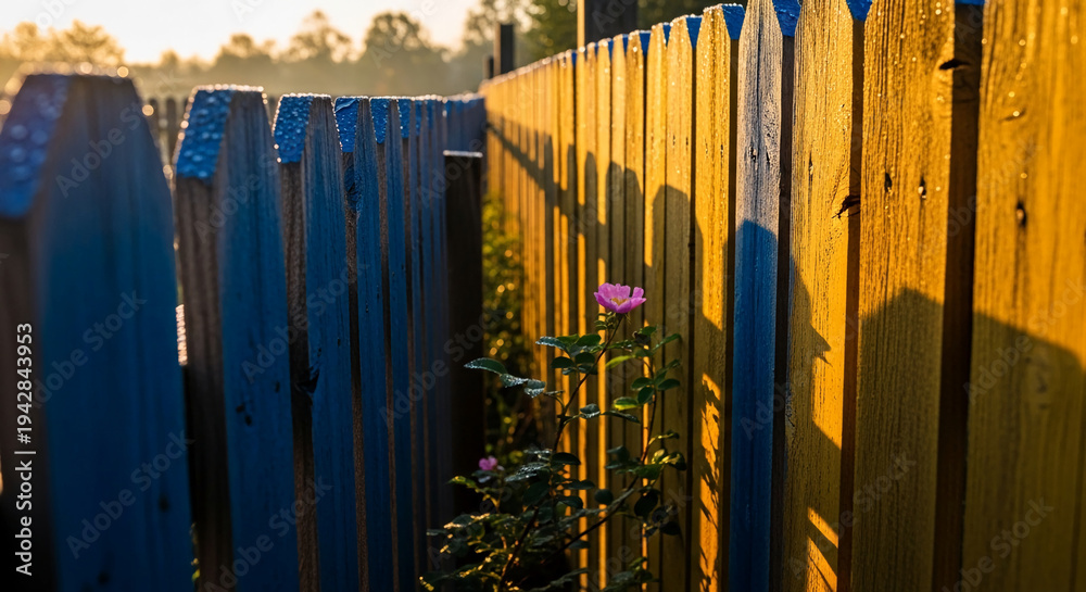 Obraz premium Wooden fence, partly painted blue and yellow, with a small pink bloom and plant in front, symbolizing outdoor beauty and peaceful garden scene