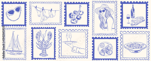 Vintage Italian summer vacation post stamps. Hand drawn travel postcard for poster, placard or postcard prints. Vector retro frame or border element design, elegant scenes or Sicilia or amalfi badge