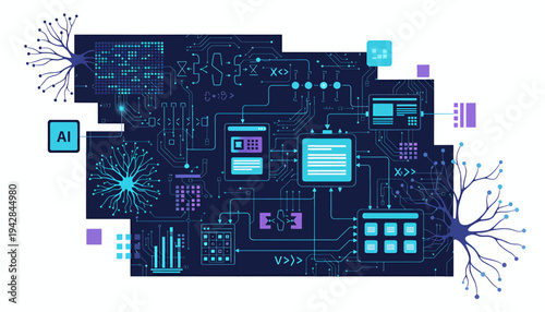 A futuristic circuit board with glowing blue lines and symbols on a dark background.