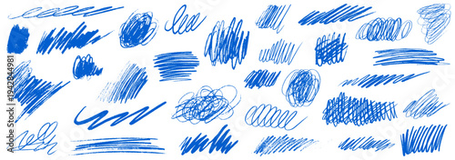 Chalk pencil scribbles, messy chaos lines, freehand scratches. Blue crayon underlines, rough round shapes, daubs. Hand drawn ink curly lines, circles and squiggles. Vector strokes with texture