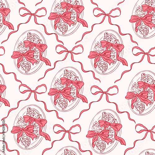 Coquette trellis seamless pattern with croissant and bows. Preppy background with delicious french croissant pastries for cafe, bakery, fabric, print, wrapping paper. Whimsical vector vintage print.