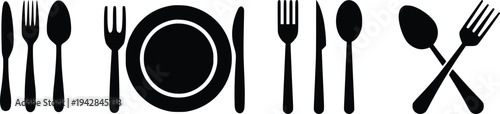Cutlery Set Silhouette Vector – Fork Spoon Knife Plate Icons, Restaurant Kitchen Tableware Collection
