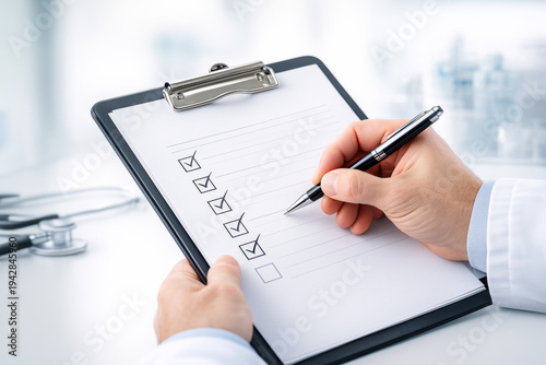 Doctor hands checking medical checklist on clipboard