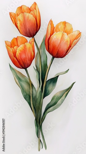 Three vibrant orange tulips with green leaves arranged elegantly on a white background, showcasing intricate details of petals and foliage in a botanical illustration