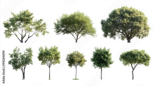 Collection of various tree types showcasing different shapes and foliage, arranged in a grid format against a white background for design and illustration purposes