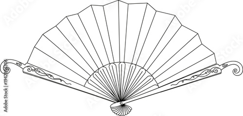 Hand drawn folding hand fan line art illustration, traditional decorative cooling accessory sketch, isolated flat vector on white background, floral pattern details.