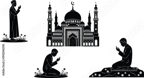 Silhouette of a mosque and Muslim men praying in various poses including standing and kneeling for Ramadan and Islamic holidays