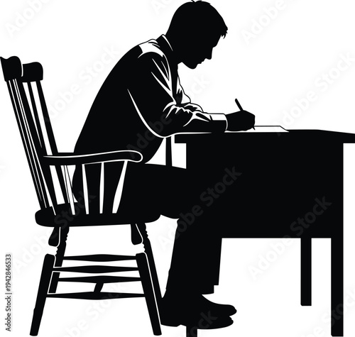 Silhouette of a vintage man in a vest writing in a journal at a desk with a quill pen in vase
