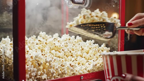 Woman scooping hot fresh popcorn into striped bucket from vintage machine. Cinema snack preparation process. Delicious salty food for entertainment and movie time.