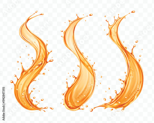 abstract 3d orange juice or liquid oil splashes in different  style isolated on transparent background