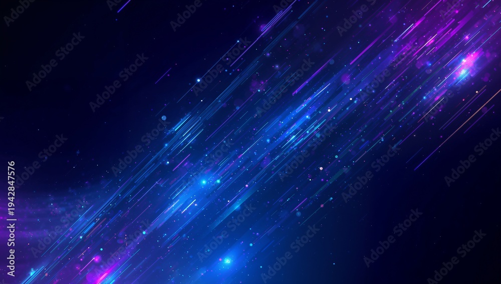 Fototapeta premium Sweeping diagonal neon light streaks conveying motion in deep-space background, with star points