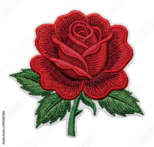 Embroidered red rose patch with green leaves isolated on transparent background