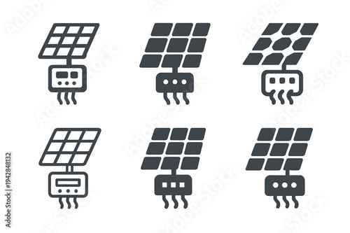 Solar Power Logos. Solar power. Icon set. Set Logo of Solar power: MPPT charge controller. harmonious logo variations of the same emblematic concept, each with