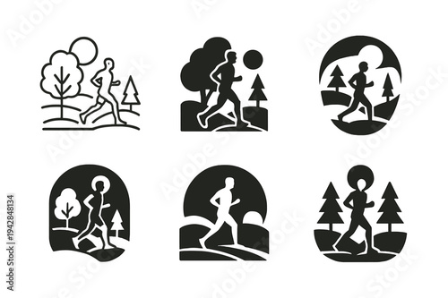 Morning Jogger Icons. A person jogging in the park during the early morning, surrounded by nature. Icon set. Set Logo of a person jogging in the park during