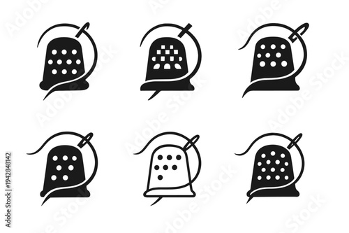 Hand Stitching Logos. Hand stitching. Set Logo of Hand stitching: thimble and curved needle motion. harmonious logo variations of the same emblematic concept,