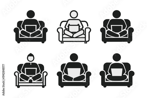 Remote Work Icons. Working with a laptop on the couch. Icon set. Set Logo of working with a laptop on the couch: remote worker sitting cross-legged with