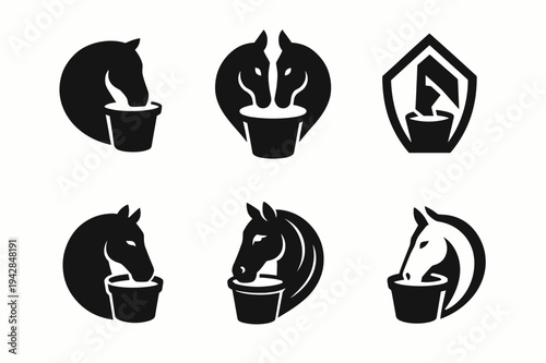 Horse Feed Bucket Logos. feed bucket. Icon set. Set Logo of feed bucket: horse head eating from bucket. harmonious logo variations of the same emblematic