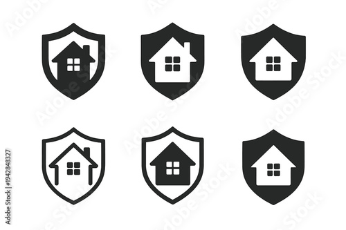Home Safety Logos. Home safety and security. Icon set. Set Logo of home safety and security: home shield emblem. harmonious logo variations of the same