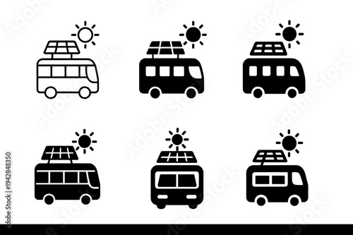 Solar Transport Icons. Solar-powered city transport vehicles. Icon set. Set Logo of Solar-powered city transport vehicles: electric bus with rooftop solar