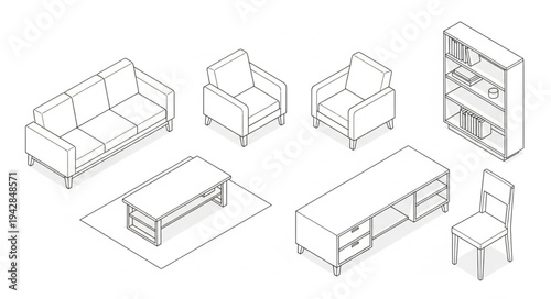 Isometric furniture set line art drawing for interior design projects.