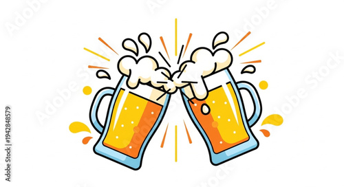 Two cartoon beer mugs clinking together with foamy beer and splashes.