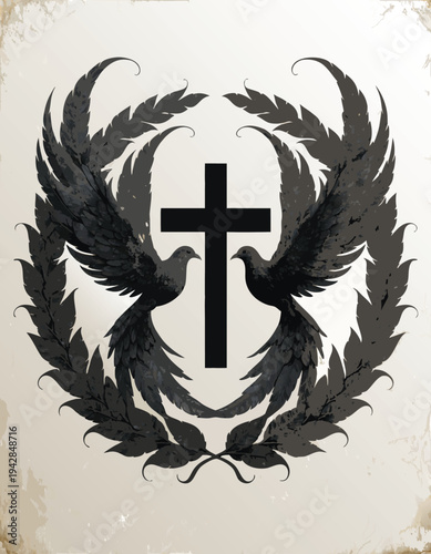 Black cross with wings emblem on vintage parchment religious Easter symbol